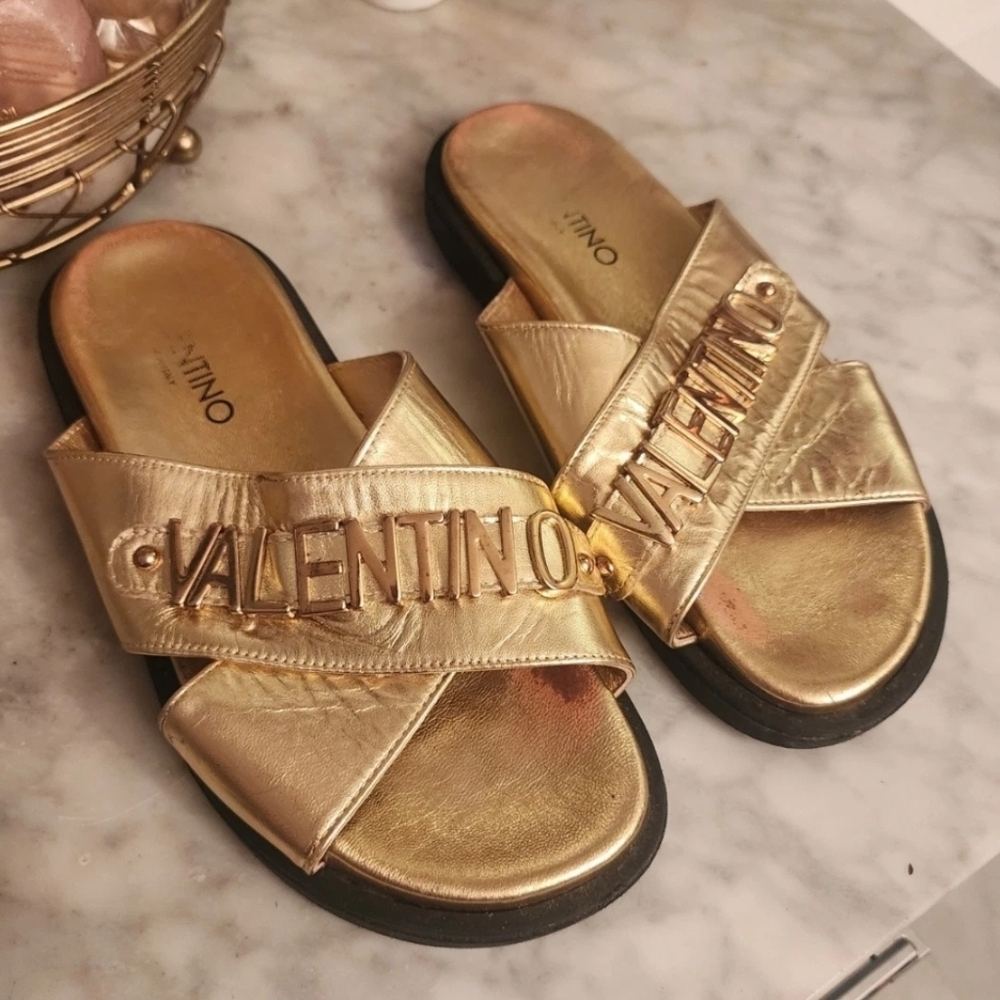 Valentino Metallic Gold Slide Sandals
